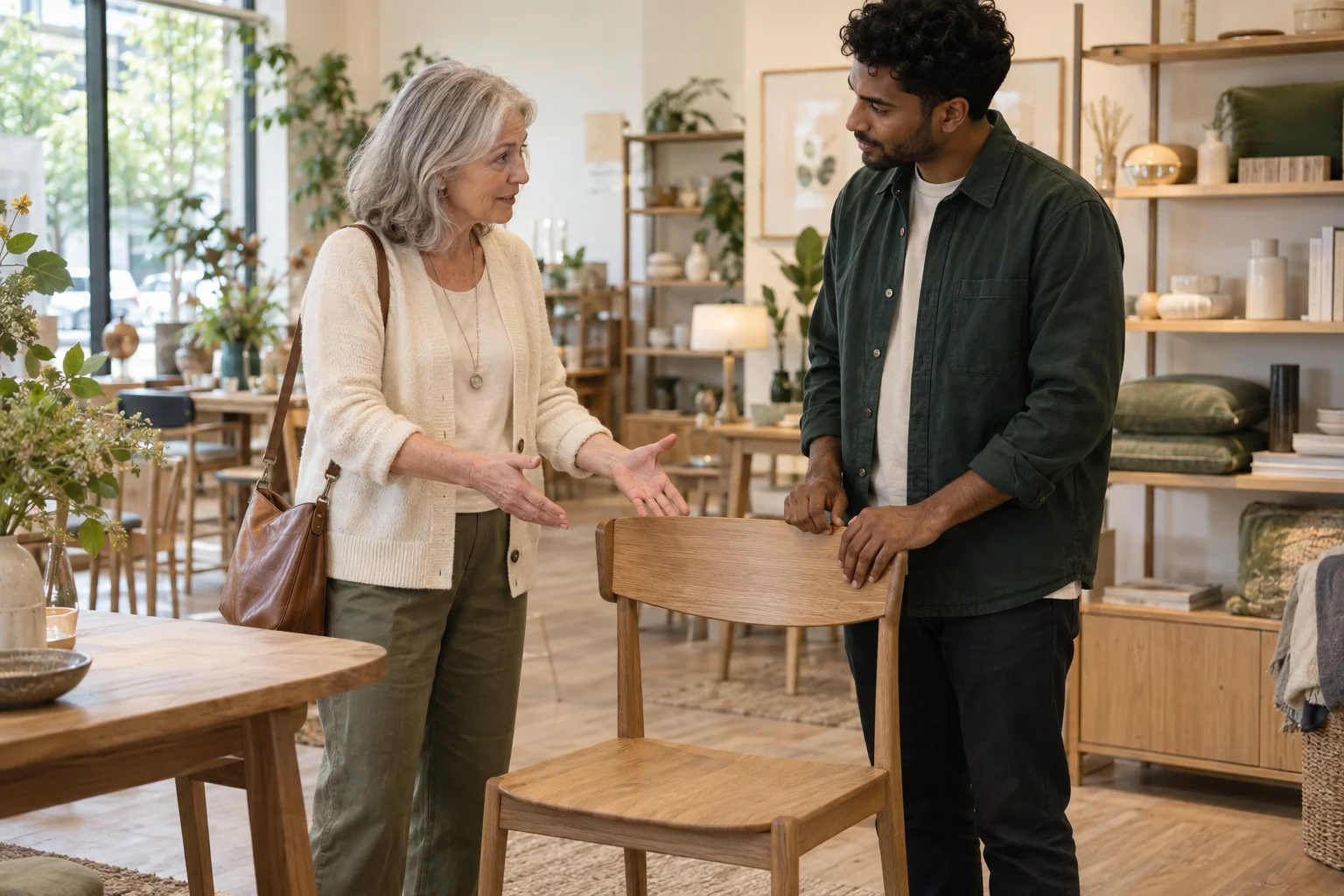 A customer and shop colleague discussing how a chair will be used.