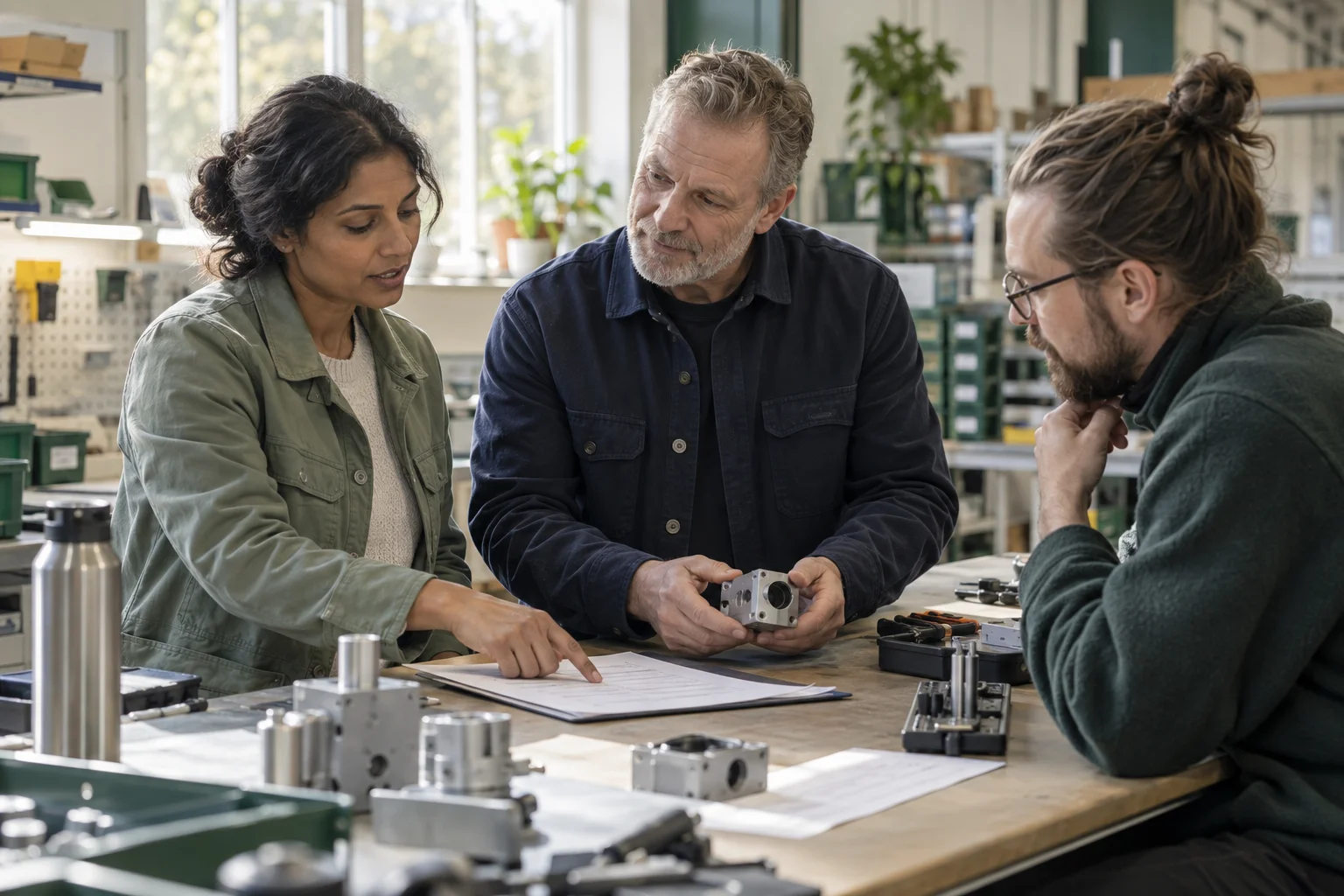 Colleagues reviewing a component and handover notes at a workshop bench.