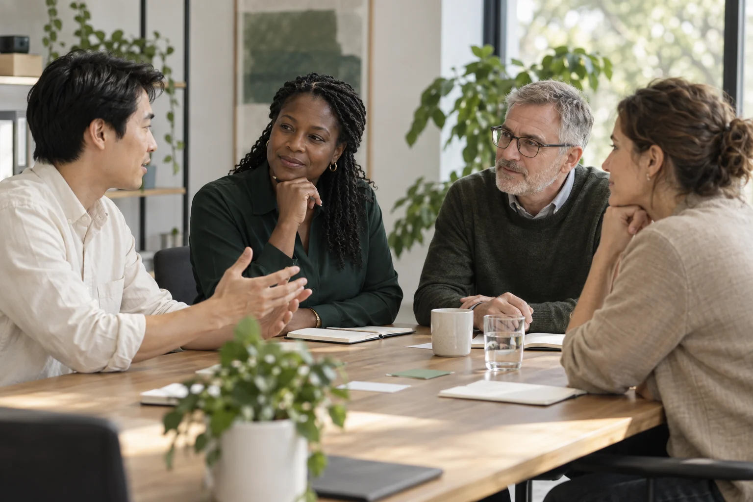 Four colleagues listening to one another during a team review.