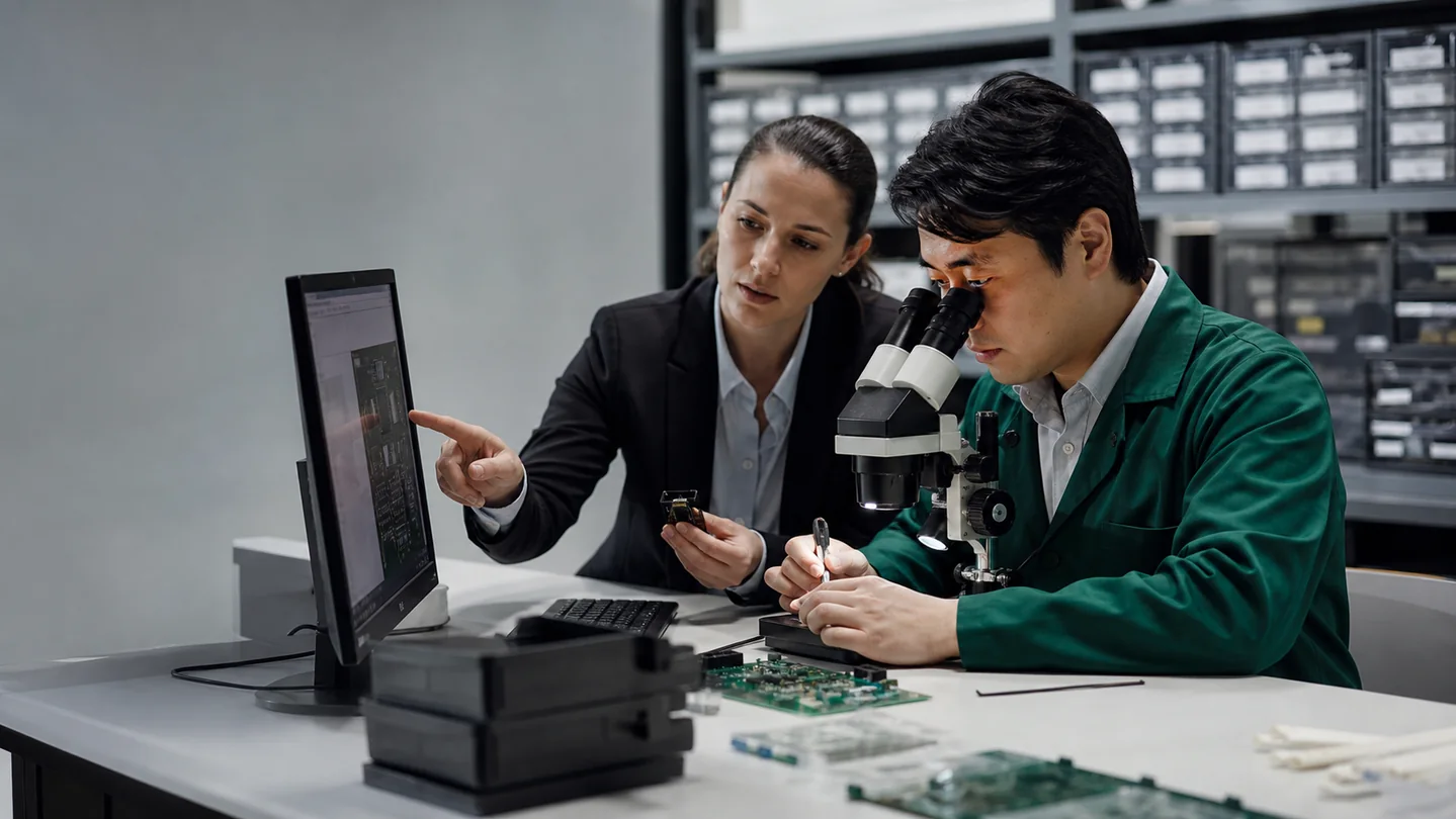 Illustrative view of electronics distribution work at the fictional VectorWave Electronics