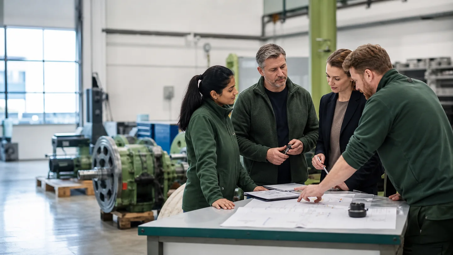 Cross-functional team reviewing an industrial service process in a fictional company